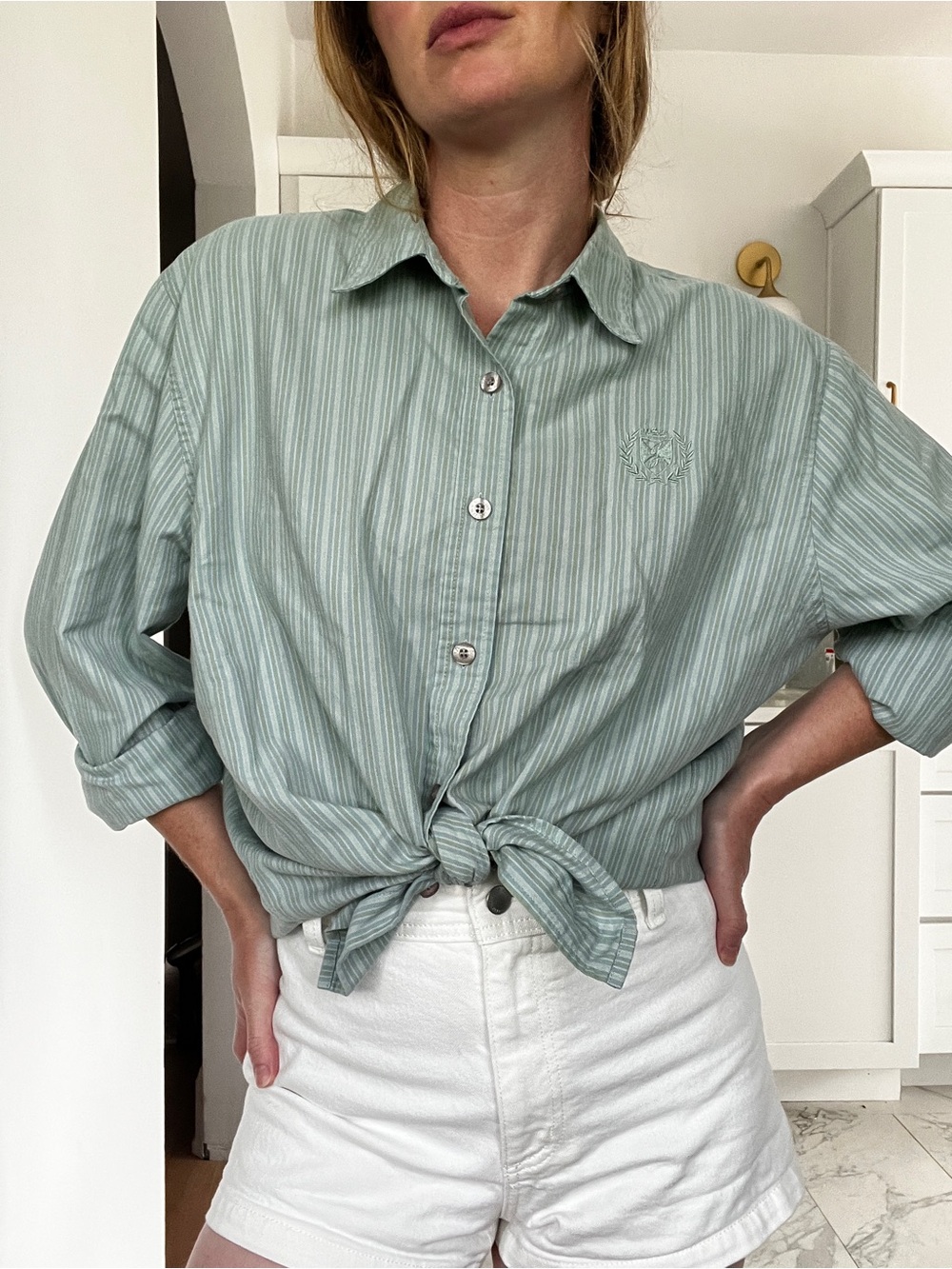 Vintage mint Green Striped Button Down Shirt embroidered emblem - Picture 3 of 9